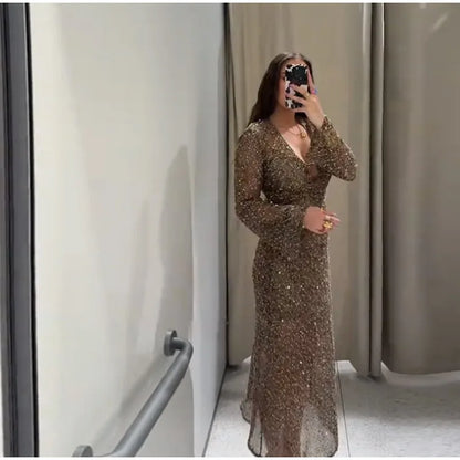 Sexy Shiny Deep V-neck Long Dress Women Flare Sleeve Hollow See Through Party Evening Dresses Female 2025 Summer Lady Slim Robes
