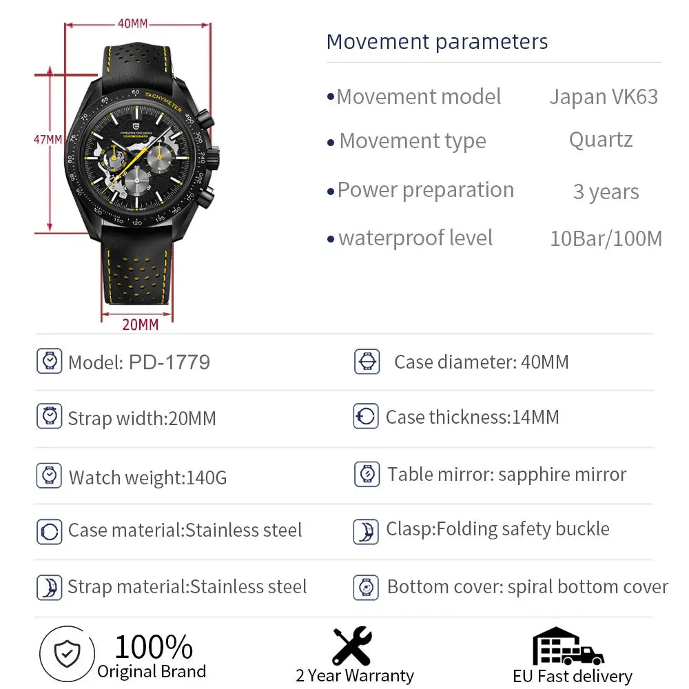 PAGANI DESIGN 2024 New Moon back Men's Watches Luxury VK63 Quartz Watch Men Sports Chronograp AR Sapphire glass Wrist watch Men