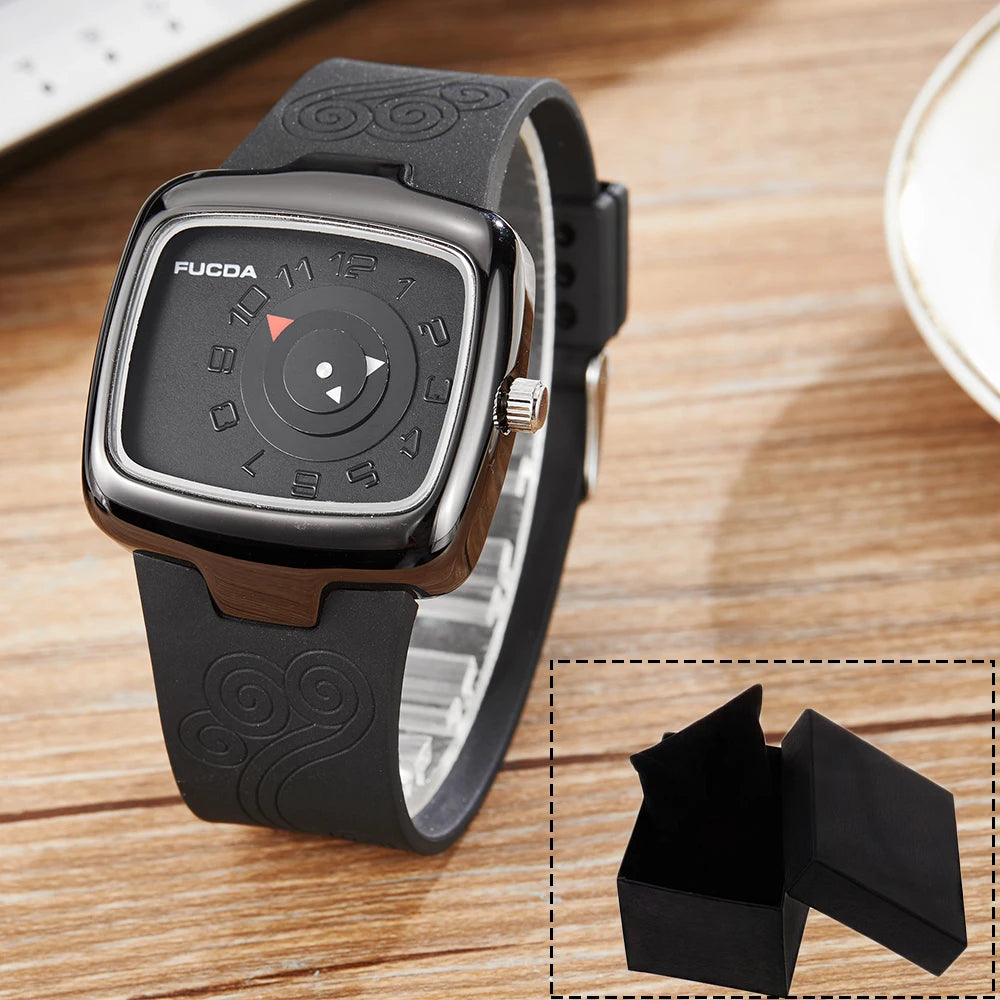 Unique Turntable Square Men Watch Quartz Wristwatch Creative MAN Watches erkek kol saati Relogio Masculino Black&White