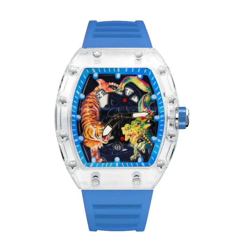Fashion Tonneau Plastic Case Quartz Watch Men Dragon and Tiger Engraved Dial Luxury Waterproof Sport Watches Men Steel Men Watch