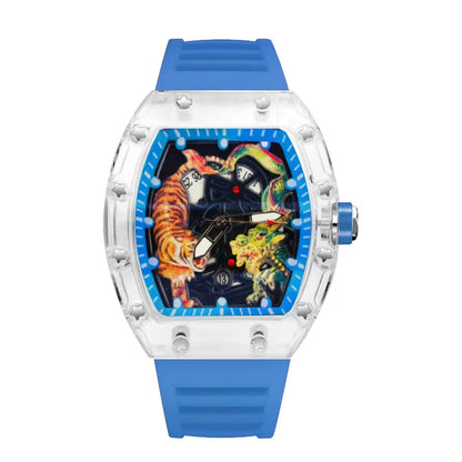 Fashion Tonneau Plastic Case Quartz Watch Men Dragon and Tiger Engraved Dial Luxury Waterproof Sport Watches Men Steel Men Watch