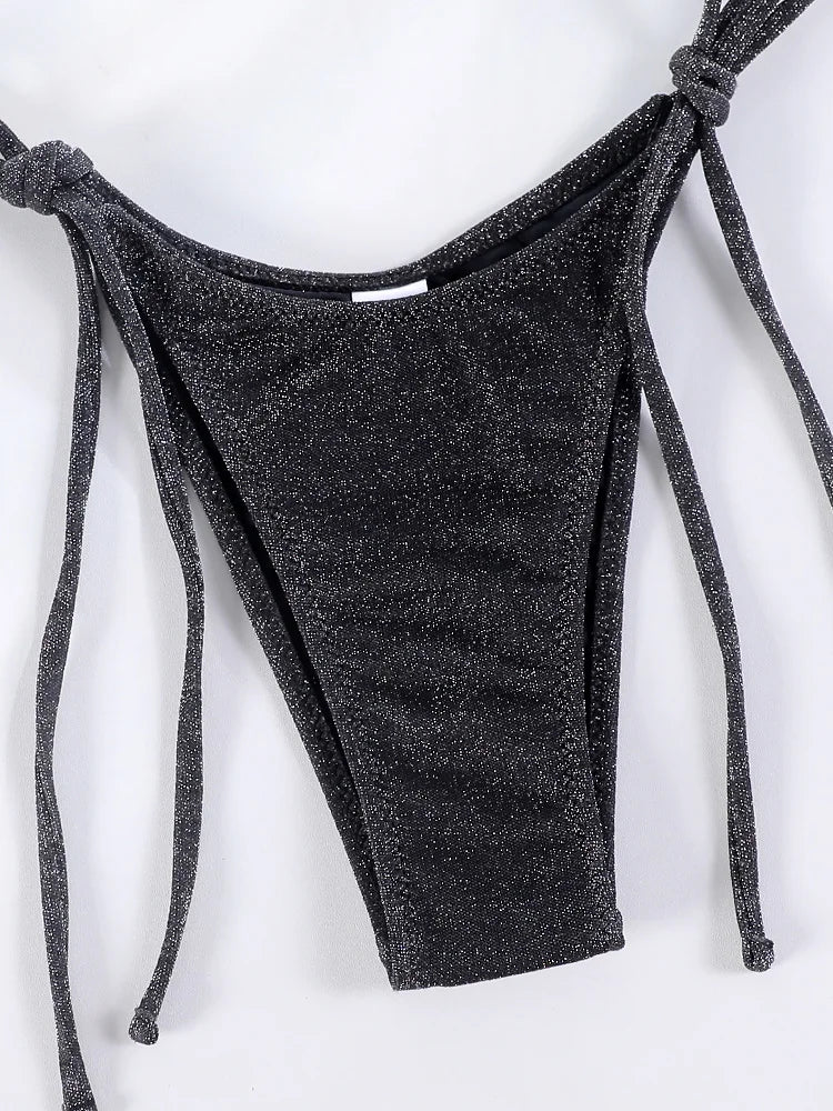 String Black Shiny Swimsuit With Ties 2025 Bikini Sexy Swimwear Women Bathing Suit Brazilian Bikini Solid Color Beachwear