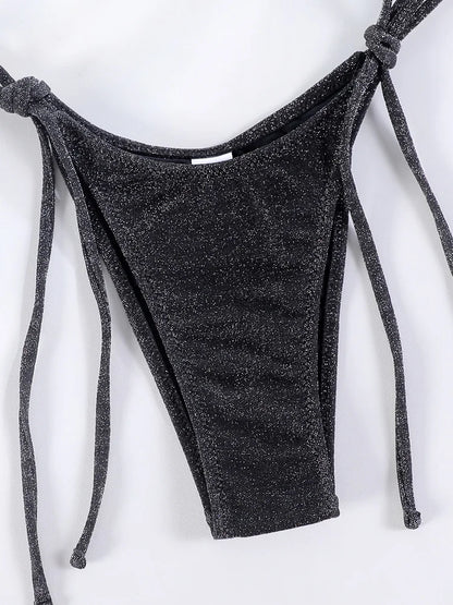 String Black Shiny Swimsuit With Ties 2025 Bikini Sexy Swimwear Women Bathing Suit Brazilian Bikini Solid Color Beachwear