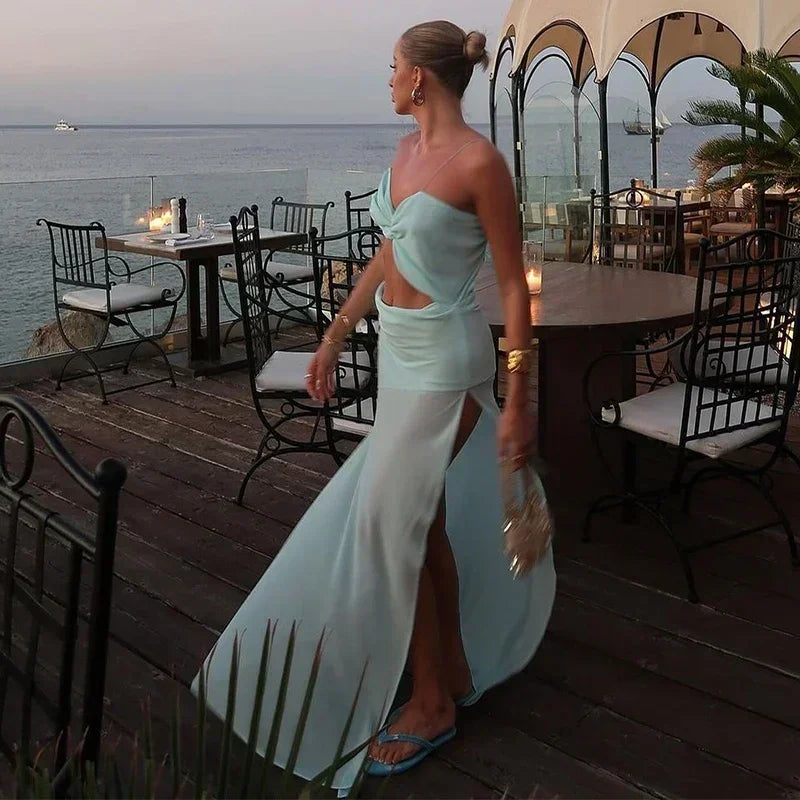 Sexy Chest Wrap Maxi Women's Dress White Backless Hip Package High Split Female Beach Dresses 2025 Summer Hollow Out Lady Robe