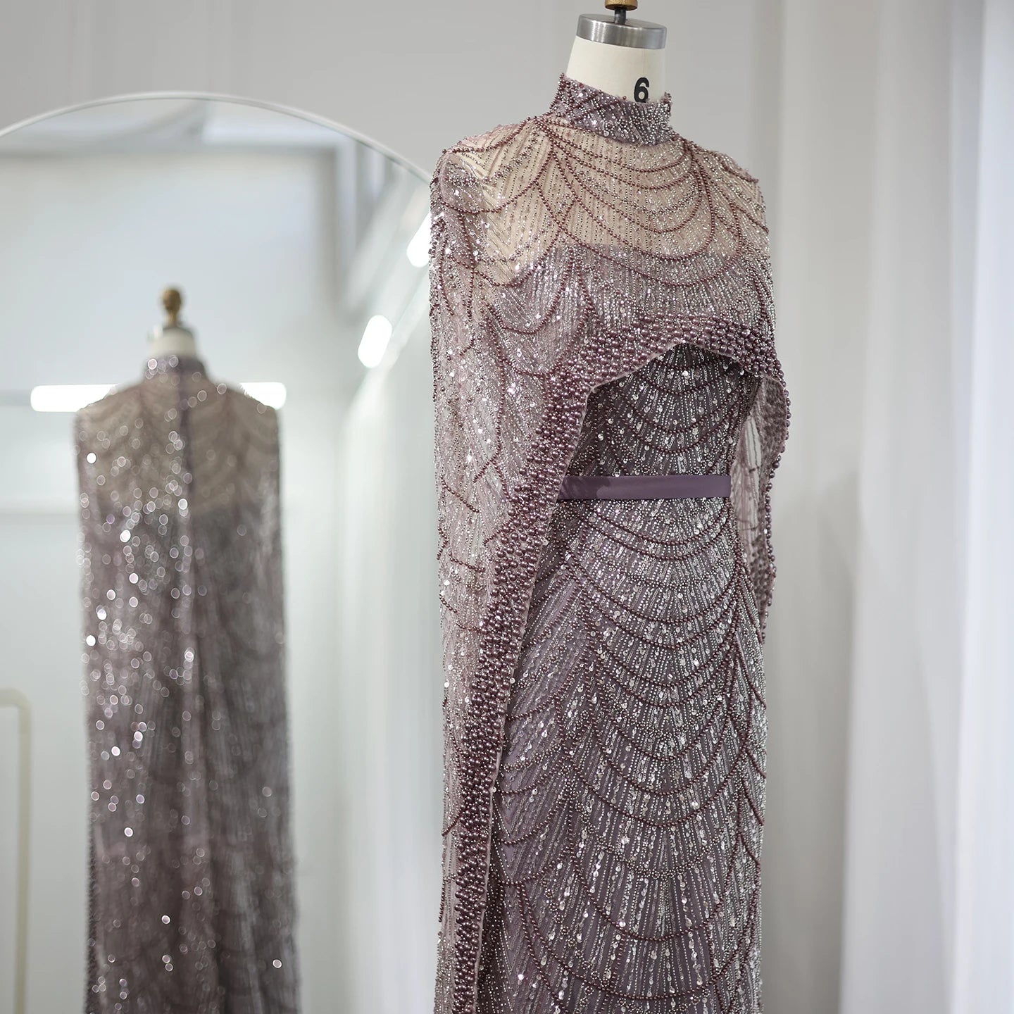 Sharon Said Luxury Pearls Dubai Champagne Evening Dresses with Cape New Arabic Women Mermaid Wedding Party Prom Dress SS369