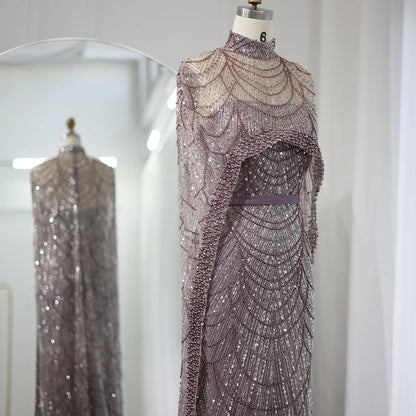 Sharon Said Luxury Pearls Dubai Champagne Evening Dresses with Cape New Arabic Women Mermaid Wedding Party Prom Dress SS369