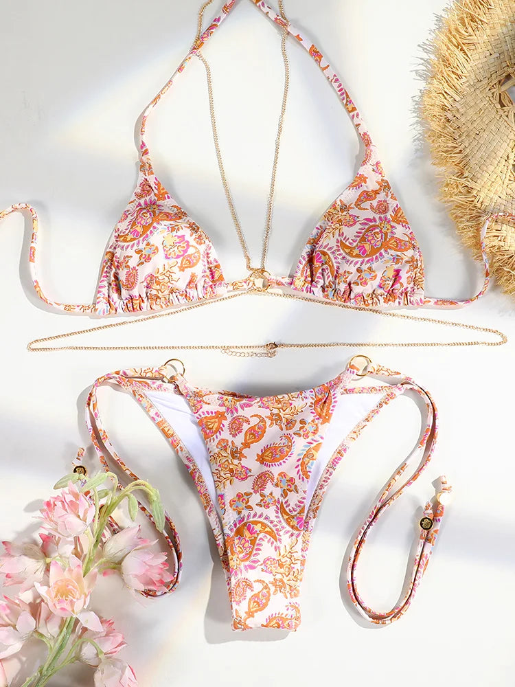 Sexy Triangle Chains Bikini Sets Micro Thongs Swimsuit Women Bathing Suit Biquini Bandage Beachwear Print Swimwear Thong Bikini