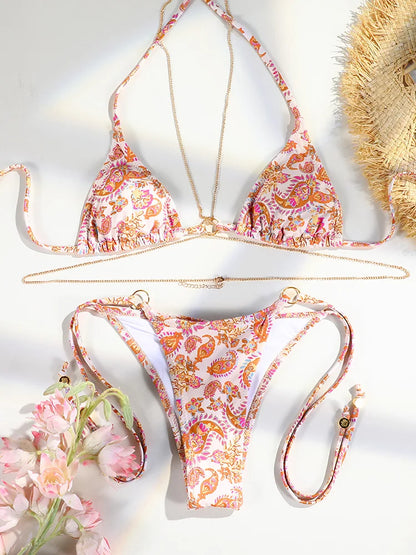 Sexy Triangle Chains Bikini Sets Micro Thongs Swimsuit Women Bathing Suit Biquini Bandage Beachwear Print Swimwear Thong Bikini