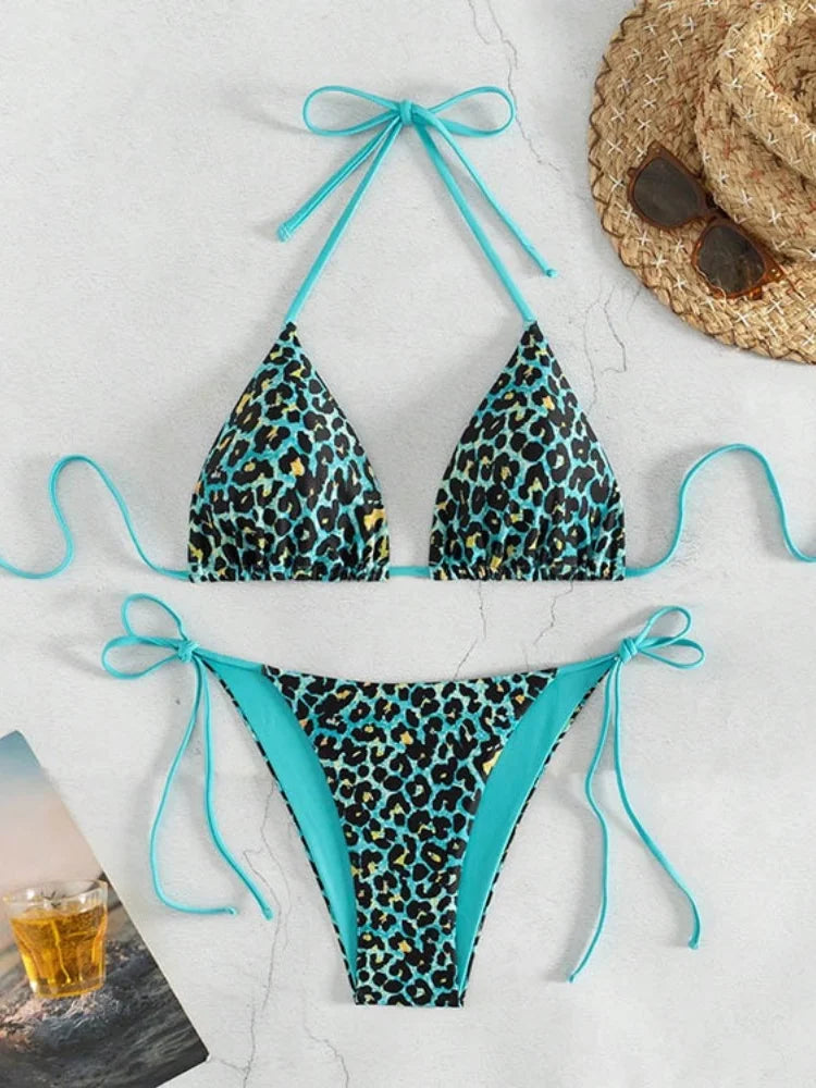 Sexy Leopard Print Two Piece Swimsuit Set Triangle Bra Suspender Halter Backless Bikini Set Beach Vacation Lace-up Swimwear 2025