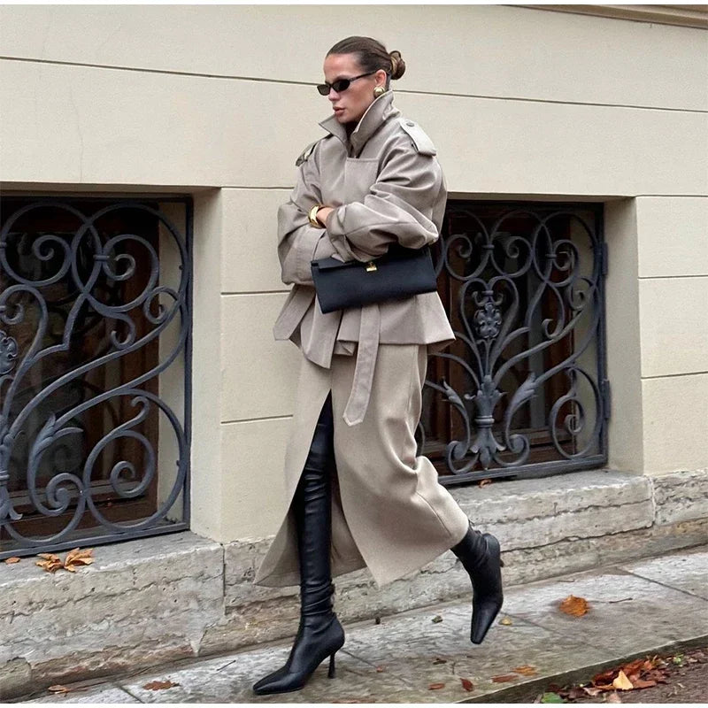Solid Lapel Belted Windbreaker Chic Full Sleeve Button Loose Long Coat For Women 2025 New Office Lady Daily Commute Overcoats