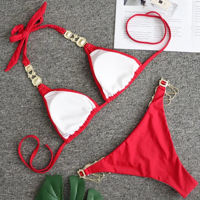 2026 Shiny Rhinestone Diamond Bikini Women Swimsuit Female Swimwear Two Pieces Bikini Set Halter Metal Chains Bathing Suit Swim