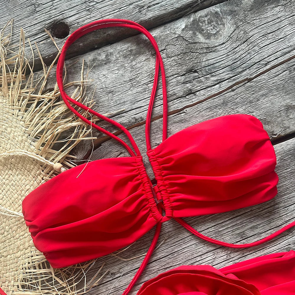 Two-Pieces Women Floral Lace Up 2023 Push-Up Padded Bra White Bikini Set Swimsuit Swimwear Bathing Suit Beachwear Biquini