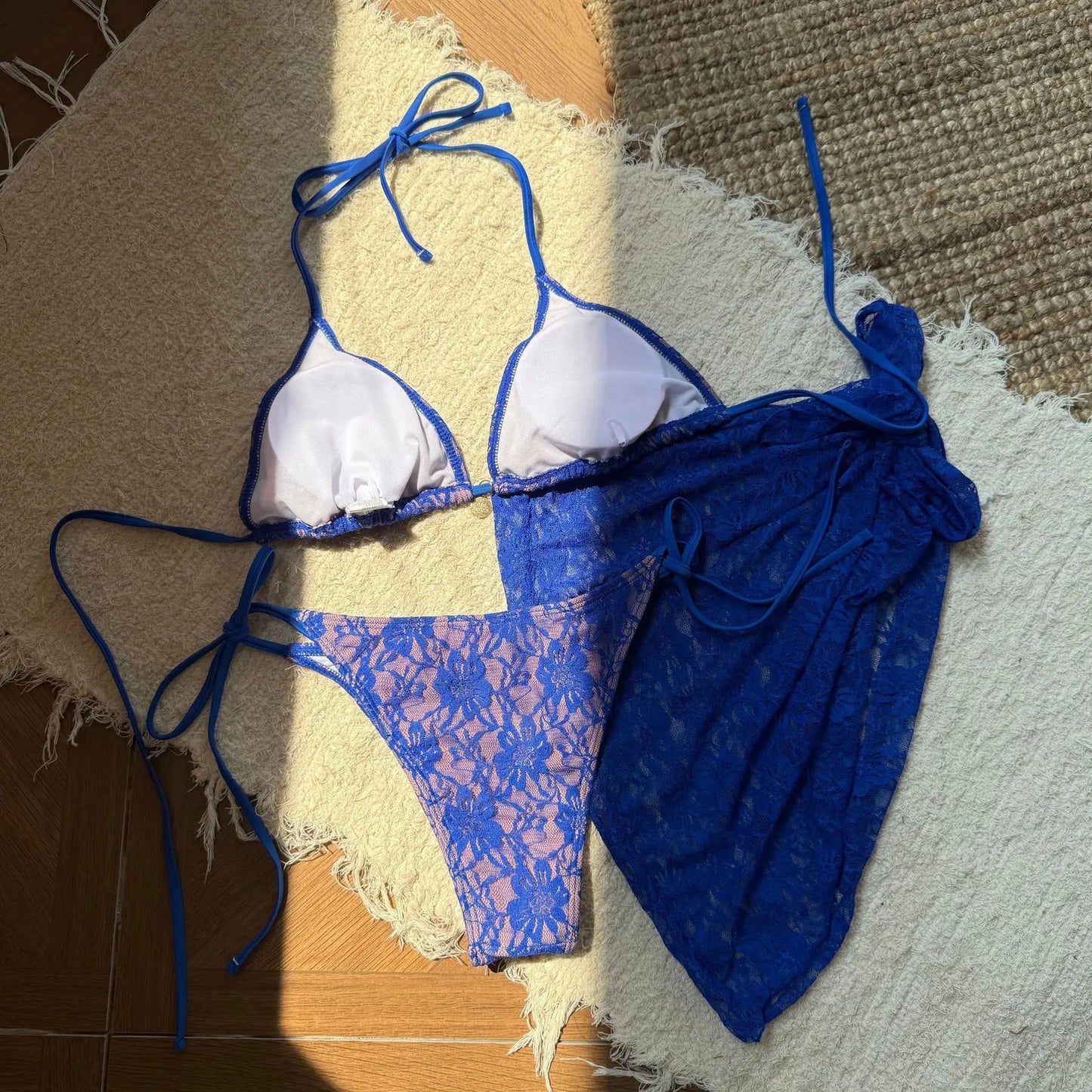 Lace Fabric Three-pieces Swimsuit Set With Sarong Bikini Inspired Women's Swimwear Beachwear Bathing Suit Vacay Outfit Biquini