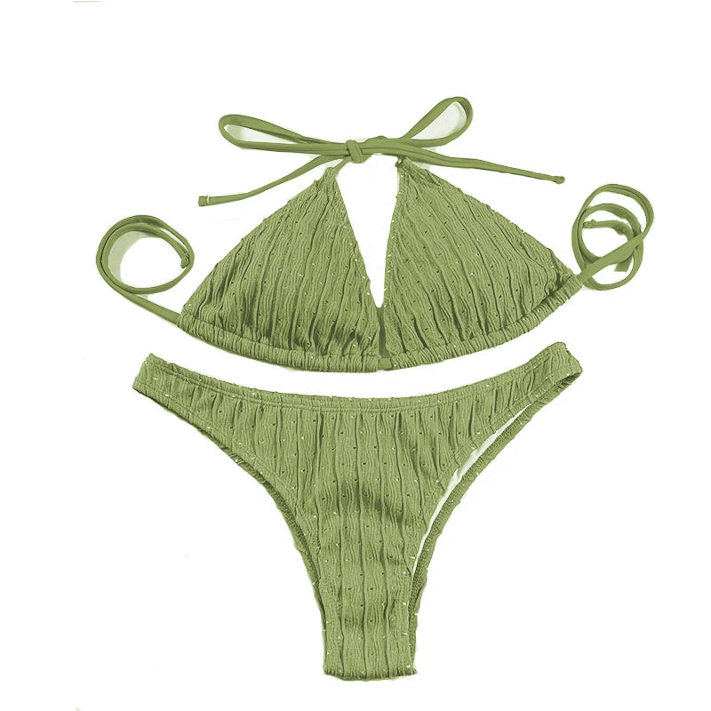 Sexy 2025 Jacquard Drawstring Two Piece Swimsuit Female Swimwear Women Bikini Set Bather Swimming Beachwear for Bathing Suit