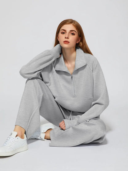 Woman Solid Color Half Zip Long Sleeve Sweatshirt and Wide Leg Pants Set Casual Sporty Two Piece Outfit