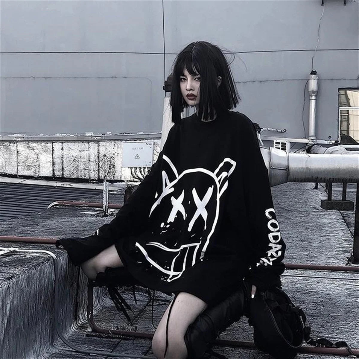 Cool Women Korean Fashion Oversized Long Sleeve T Shirt Hip Hop Punk Streetwear Girls Tees Black Loose Long Sleeve T Shirt Males
