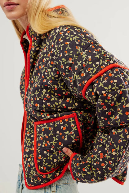 New Women's Floral/Gingham Print Lightweight Quilted Parkas Woman Long Sleeve Pockets Vintage Winter Jacket Coat Streetwear Tops