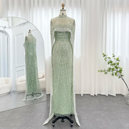 Sharon Said Luxury Pearls Dubai Champagne Evening Dresses with Cape New Arabic Women Mermaid Wedding Party Prom Dress SS369