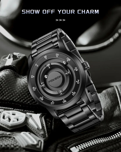 FOXBOX Personalized Mens Watches Creative Simple Floating Magnetic Pointer Quartz Wristwatch Steel Waterproof Watch for Man