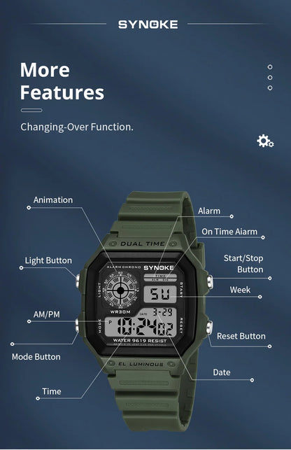 SYNOKE Digital Watches Men Sports Luminous Multifunction Waterproof Chrono Wristwatch Outdoor and Running Student Seven Light