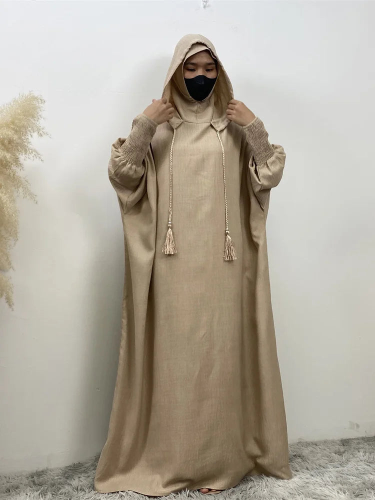 Hot Seller Ramadan Islamic Clothing Wrinkle Polyester Hoodie Abaya Dress With Undercap Muslim Women Abaya Hoodie Causal Dresses