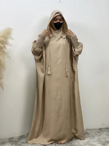 Hot Seller Ramadan Islamic Clothing Wrinkle Polyester Hoodie Abaya Dress With Undercap Muslim Women Abaya Hoodie Causal Dresses