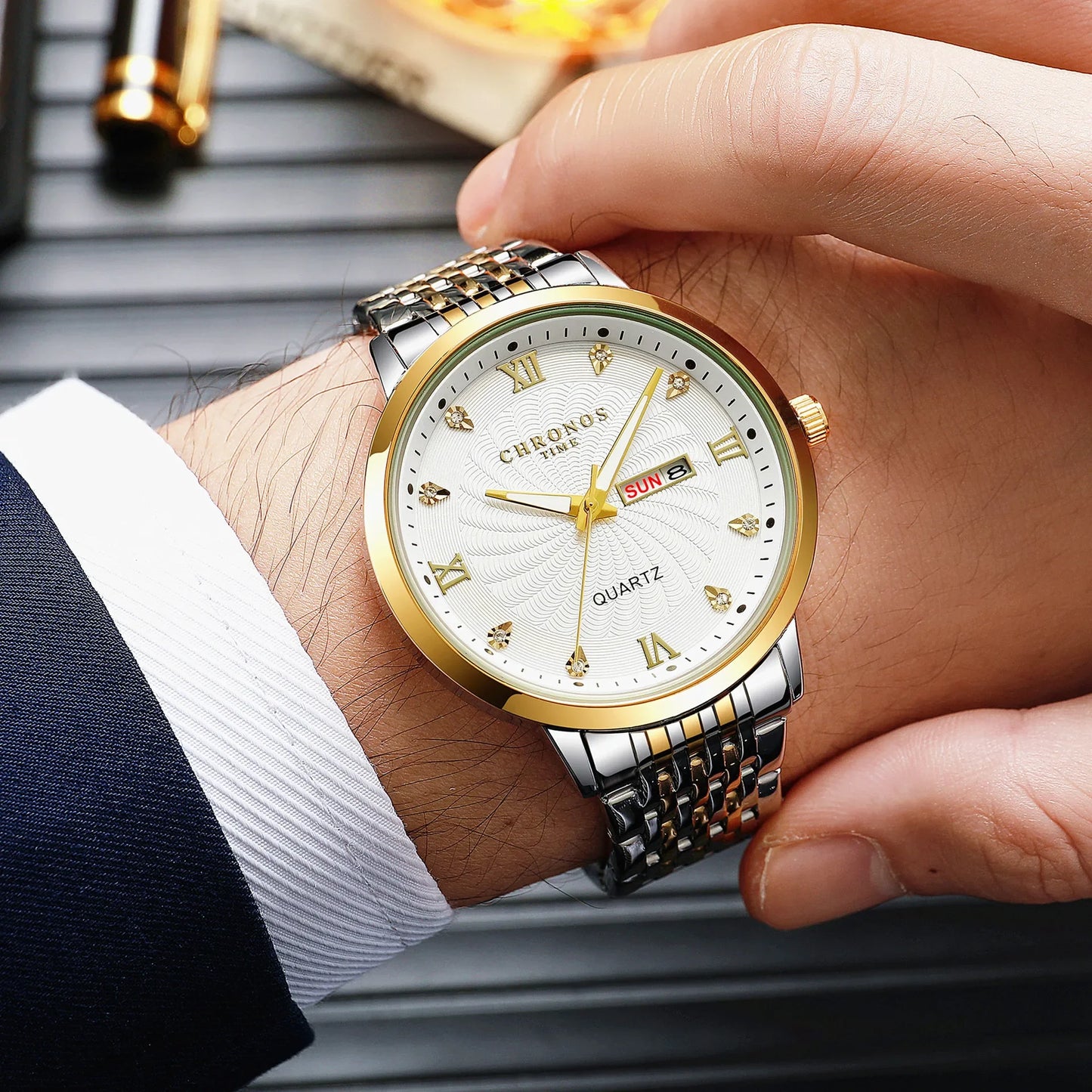 CHRONOS Mens Watch Waterproof Stainless Steel Business Men Wrist Watches with Calendar Auto Date Quartz Classic Office Timepiece