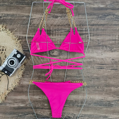 Brazilian Bikini Swimsuit for Women, Ring Linked Halter, Swimwear, Beachwear, 2025