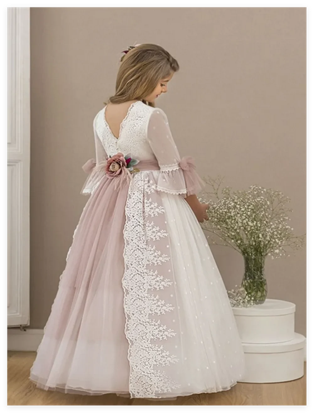 Pink Flower Girl Dresses Tulle Puffy Tiered Flory Pattern Long Sleeve For Wedding Birthday Party First Communion Gowns