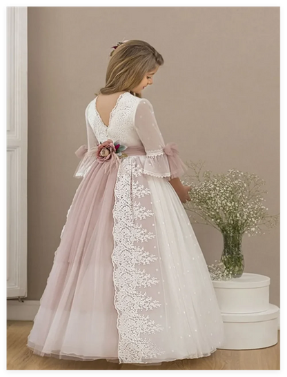 Pink Flower Girl Dresses Tulle Puffy Tiered Flory Pattern Long Sleeve For Wedding Birthday Party First Communion Gowns