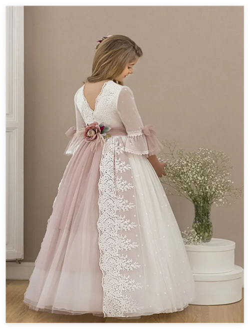 Pink Flower Girl Dresses Tulle Puffy Tiered Flory Pattern Long Sleeve For Wedding Birthday Party First Communion Gowns