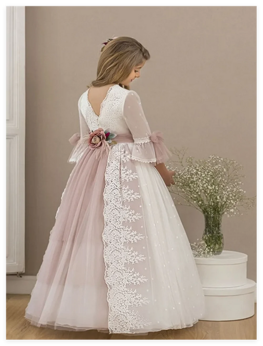 Pink Flower Girl Dresses Tulle Puffy Tiered Flory Pattern Long Sleeve For Wedding Birthday Party First Communion Gowns
