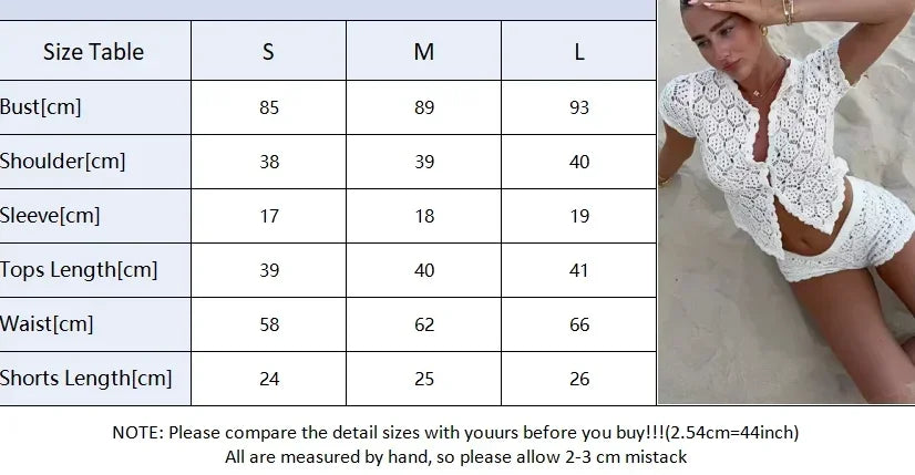 Women Solid Knitted Hollow Out Set Fashion O Neck High Waist Short Single-breasted Shirt Suit 2026 Lady Beach Vacation Outfits