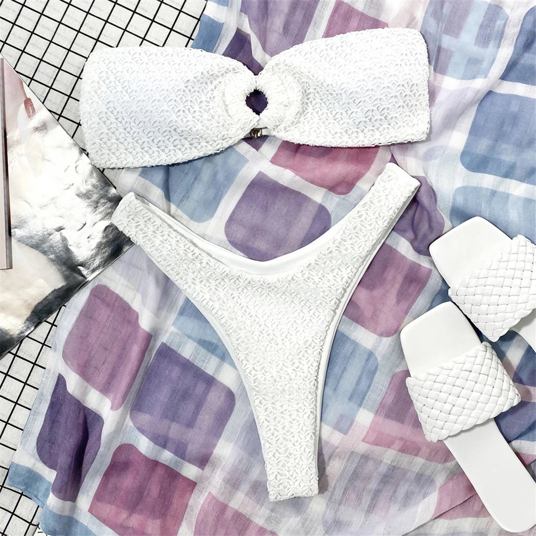 Wrinkled Bandeau High Cut Bikini Women Swimwear Female Swimsuit Two-pieces Bikini set Strapless Bather Bathing Suit Swim V3367