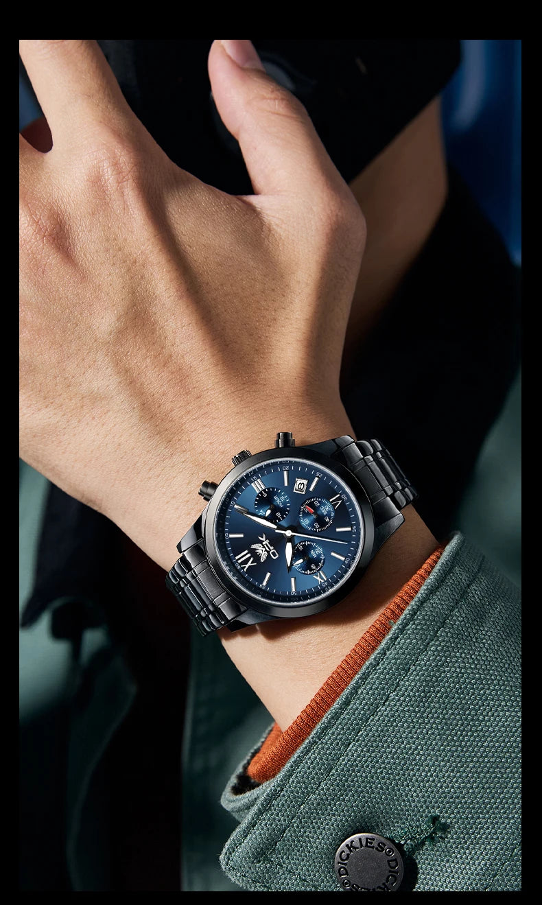OPK 6052 Chronograph Quartz Wristwatch Original Steel Strap Waterproof Luminous Calendar Fashion Elegant Men's Business Watches