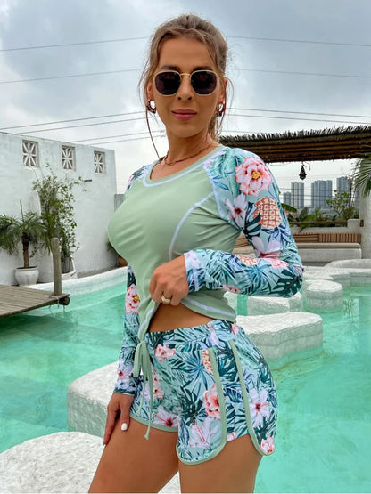 2025 New Tankini Women Swimsuit Tropical Print Bikini Set Long Sleeve Swimwear Summer Shorts Beachwear Female Bathing Suit
