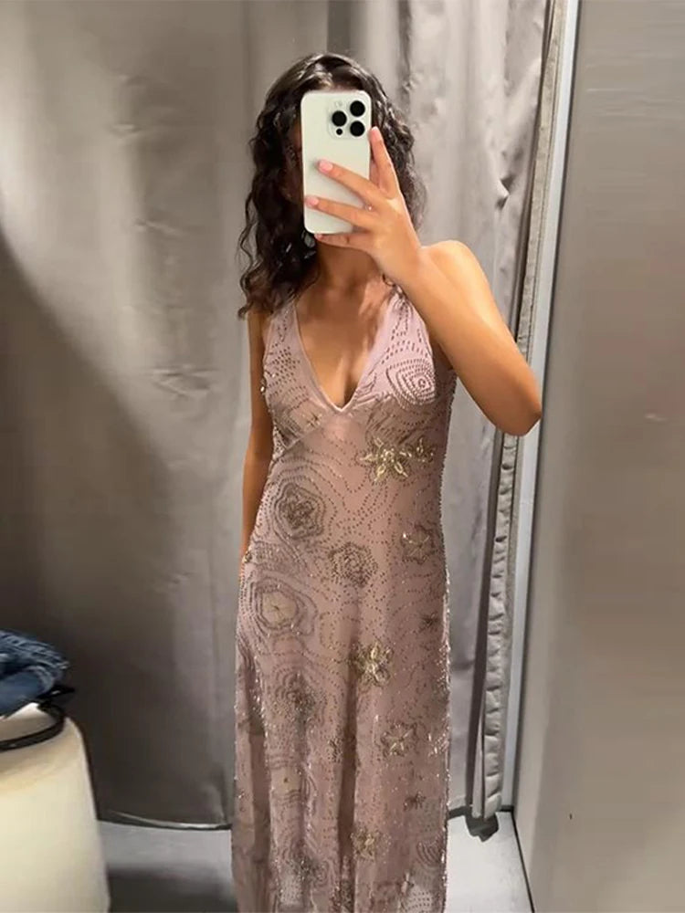 Sexy Sequin Women's Beads Sling Dress Fashion V-Neck High Waist Slim Fit Lady's Dresses Summer Beach Holiday Party Robes