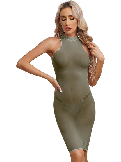 Womens See Though Bodycon Dress Sexy Lingerie Nightwear Long Sleeve Stretchy Glossy Dresses Tempting Party Pole Dancing Clubwear