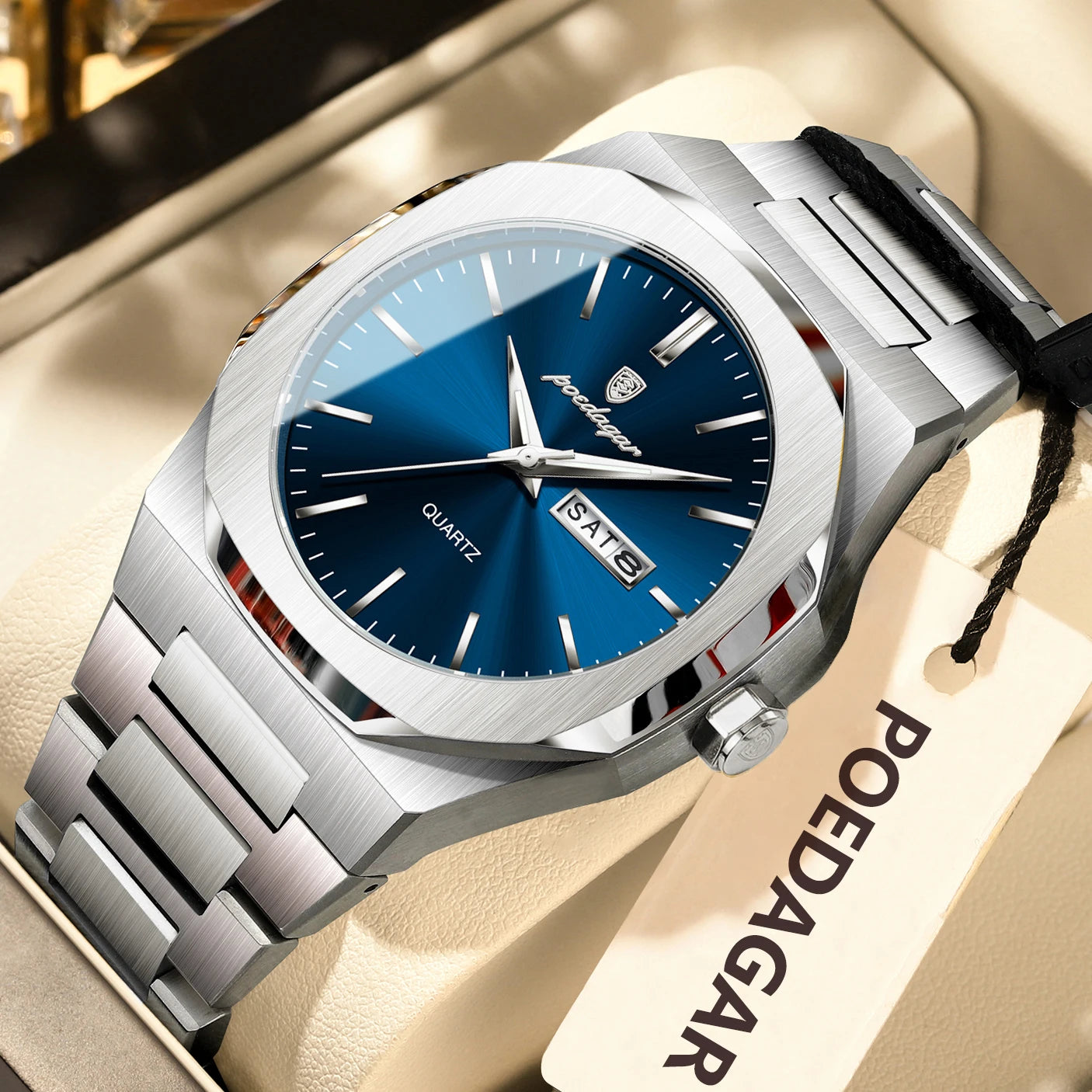 POEDAGAR Fashion Brand Man Clock Luminous Waterproof Stainless Steel Men's Watch Date Week Quartz Business Watches For Men Reloj