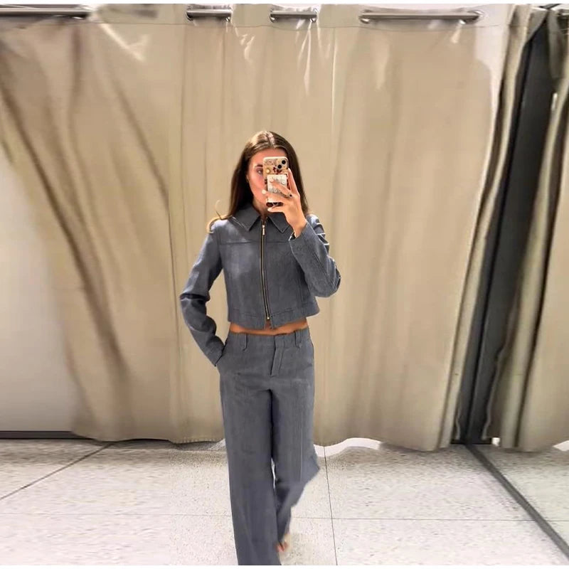 Casual Coats Pants Sets Women'S Turn-down Collar Long Sleeve Zippers Tops High Waist  Trousers 2026 Spring New Lady Chic Suit