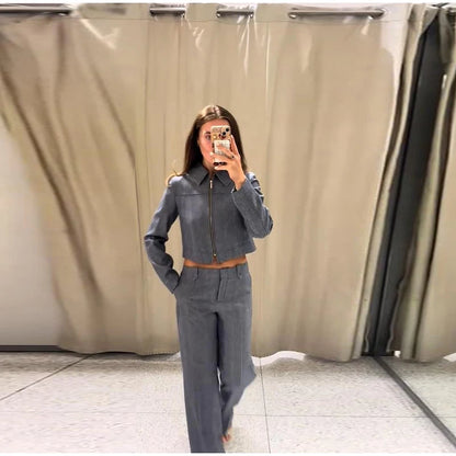 Casual Coats Pants Sets Women'S Turn-down Collar Long Sleeve Zippers Tops High Waist  Trousers 2026 Spring New Lady Chic Suit