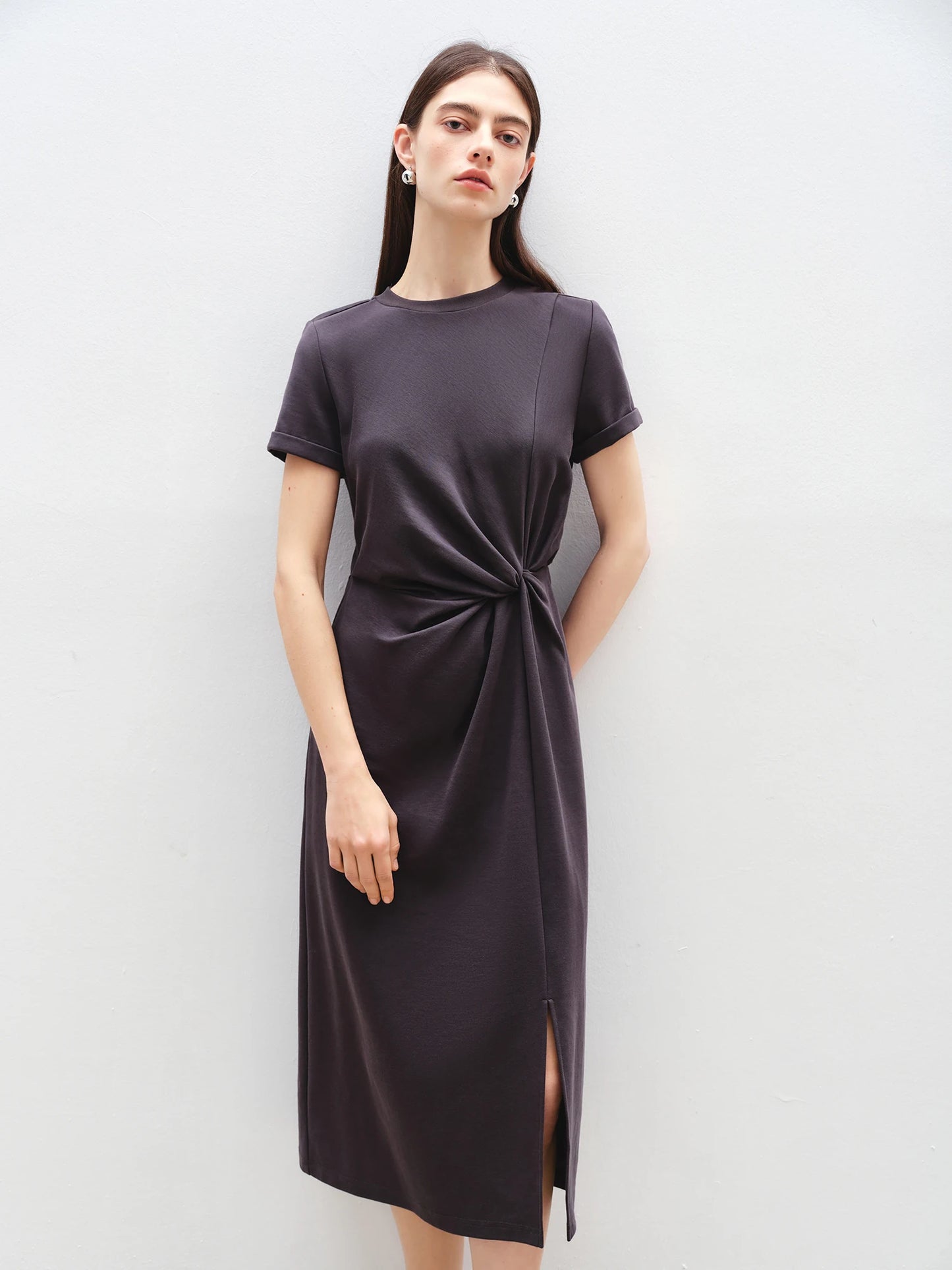 ZIQIAO Women Solid Long Dress 2025 Summer New Casual Round Neck T-Shirt Dresses Grey Short Sleeve X-LINE Dress 25ZQ92026