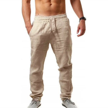 Men's Cotton Linen Pant Loose Breathable Elastic Waist Pants Solid Color Casual Jogging Fitness Trousers Summer Sports Sweatpant