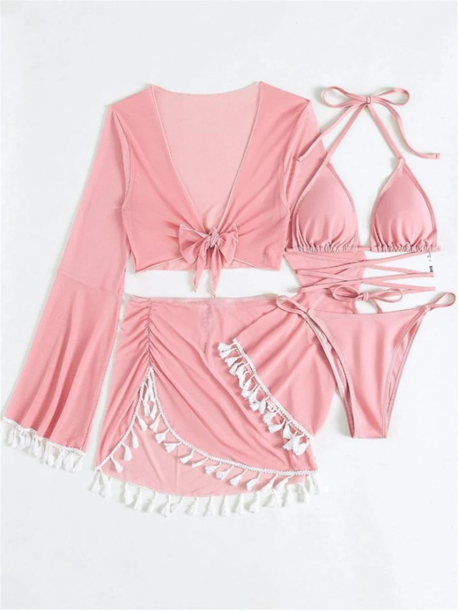 Sexy 4 Pieces Halter Bikinis Women Solid Swimwear Female Cover Up Swimsuit Long Sleeve And Skirt Bathing Suit Beachwear Summer