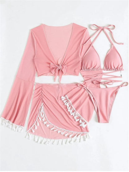 Sexy 4 Pieces Halter Bikinis Women Solid Swimwear Female Cover Up Swimsuit Long Sleeve And Skirt Bathing Suit Beachwear Summer