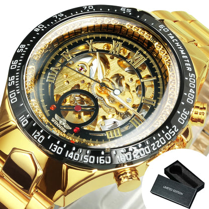 WINNER Gold Transparent Skeleton Automatic Watch for Men Luminous Pointers Luxury Brand Stainless Steel Strap Mechanical Watches