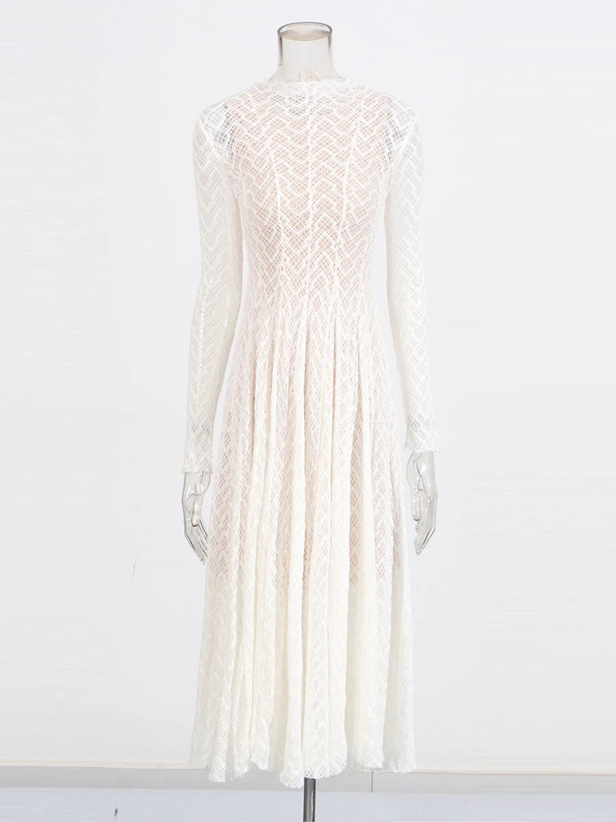 TWOTWINSTYLE Hollow Out Mesh Long Dress for Women Stand Collar Slimming Long Sleeve High Waist Chic Pleated Dresses Female New