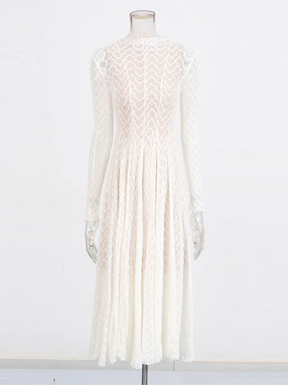 TWOTWINSTYLE Hollow Out Mesh Long Dress for Women Stand Collar Slimming Long Sleeve High Waist Chic Pleated Dresses Female New