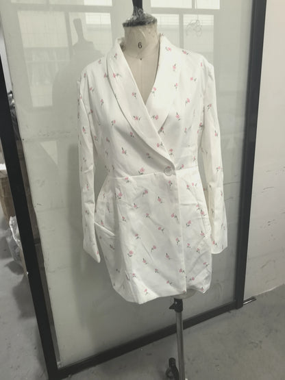 White Waist Cinching Floral Shoulder Pad Blazer Long Sleeve Single Breasted Jacket for Summer 2025 Elagant Female Outwear