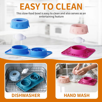 New Double-bowl Pet Licks-and-eats Bowls with Fun Rollers At The Bottom and Suction Cups. for Dogs and Cats. Licking Pads.